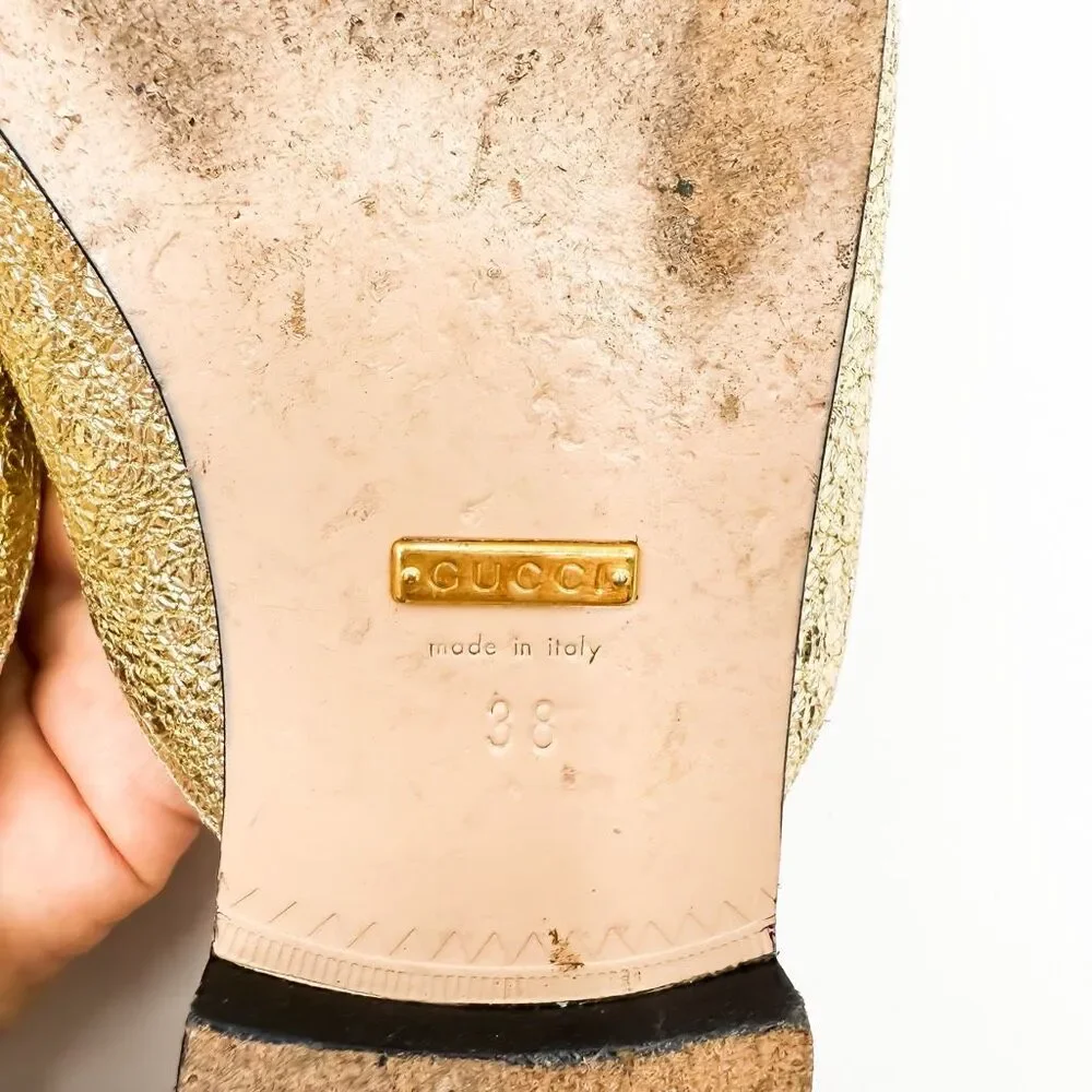 Gucci GG Marmont Kiltie fringe Metallic Gold Leather Mules EU 38 US 8